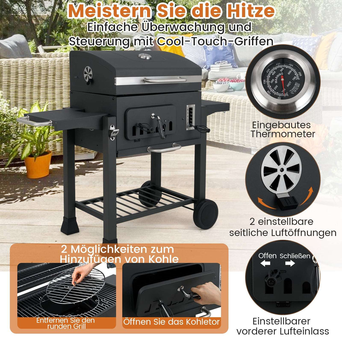 Charcoal Grill with Folding Side Tables, Adjustable Heights