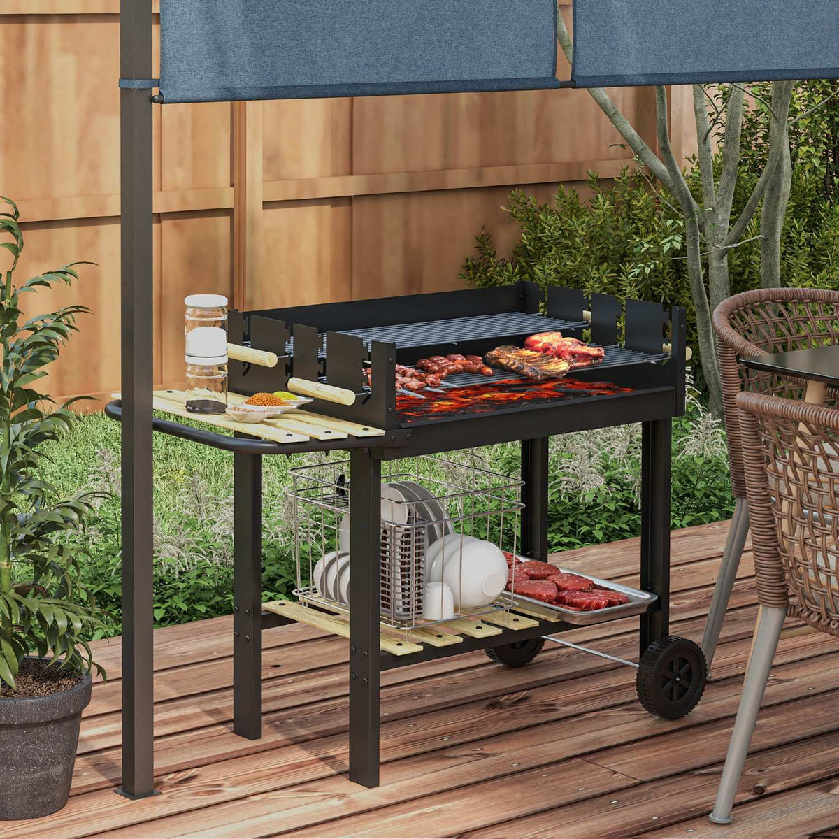 Charcoal grill, BBQ camping grill with two grill grates, shelf, handle, metal, black, 113x53.5x82.5cm