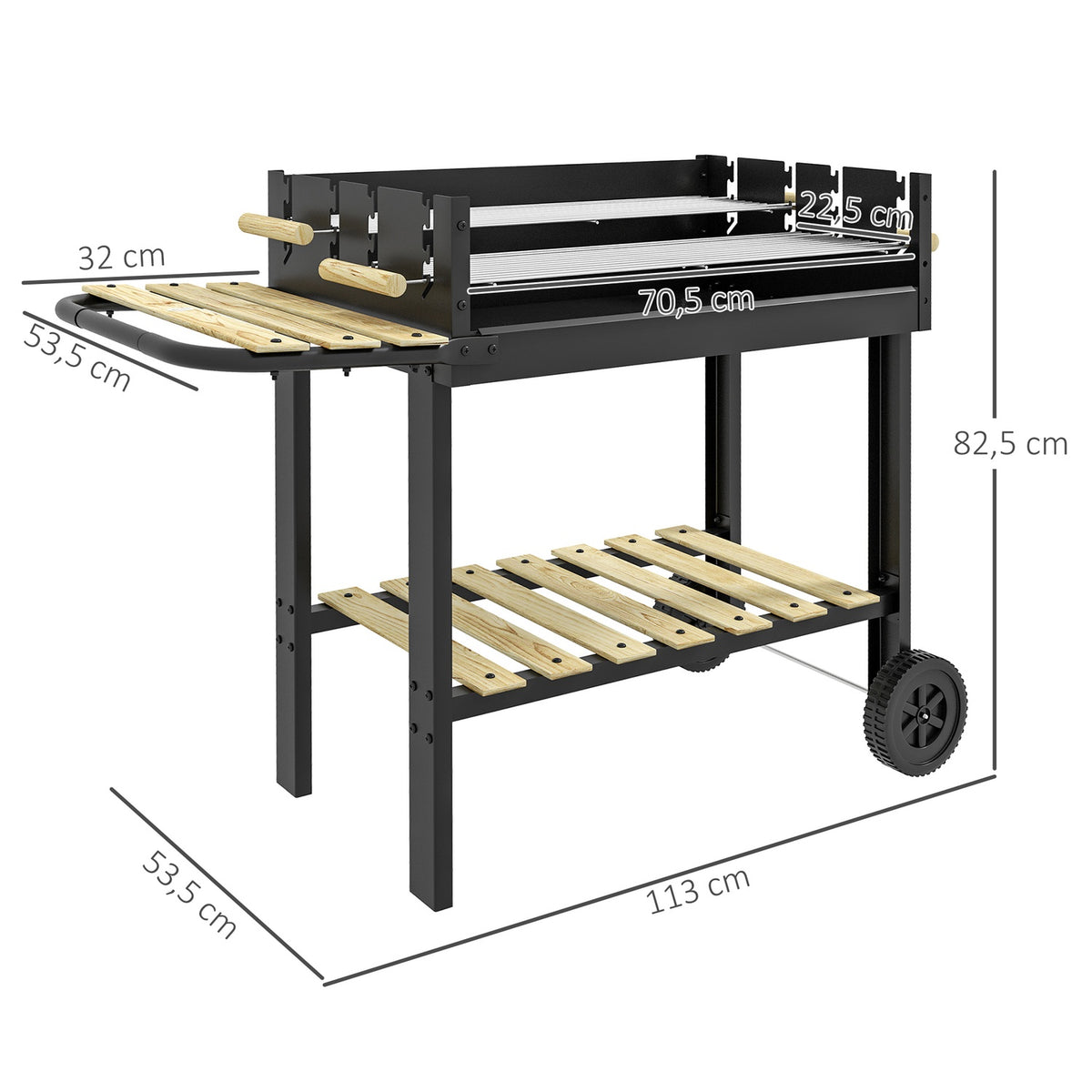 Charcoal grill, BBQ camping grill with two grill grates, shelf, handle, metal, black, 113x53.5x82.5cm