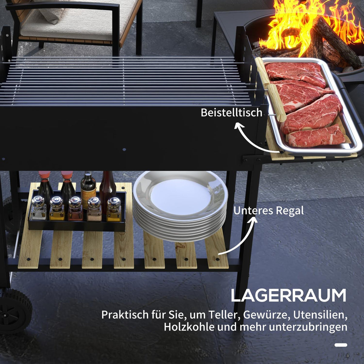 Charcoal grill, BBQ camping grill with two grill grates, shelf, handle, metal, black, 113x53.5x82.5cm