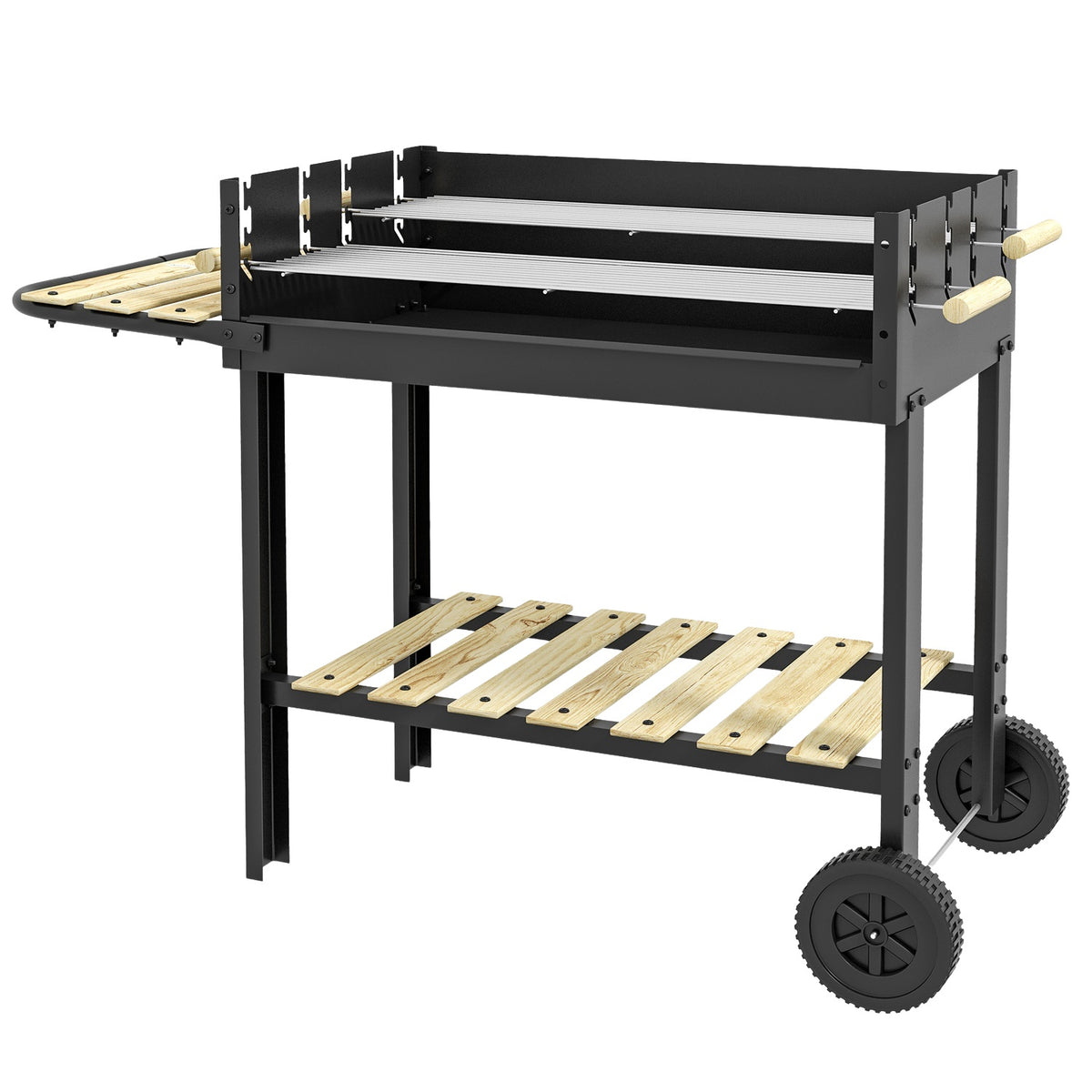 Charcoal grill, BBQ camping grill with two grill grates, shelf, handle, metal, black, 113x53.5x82.5cm