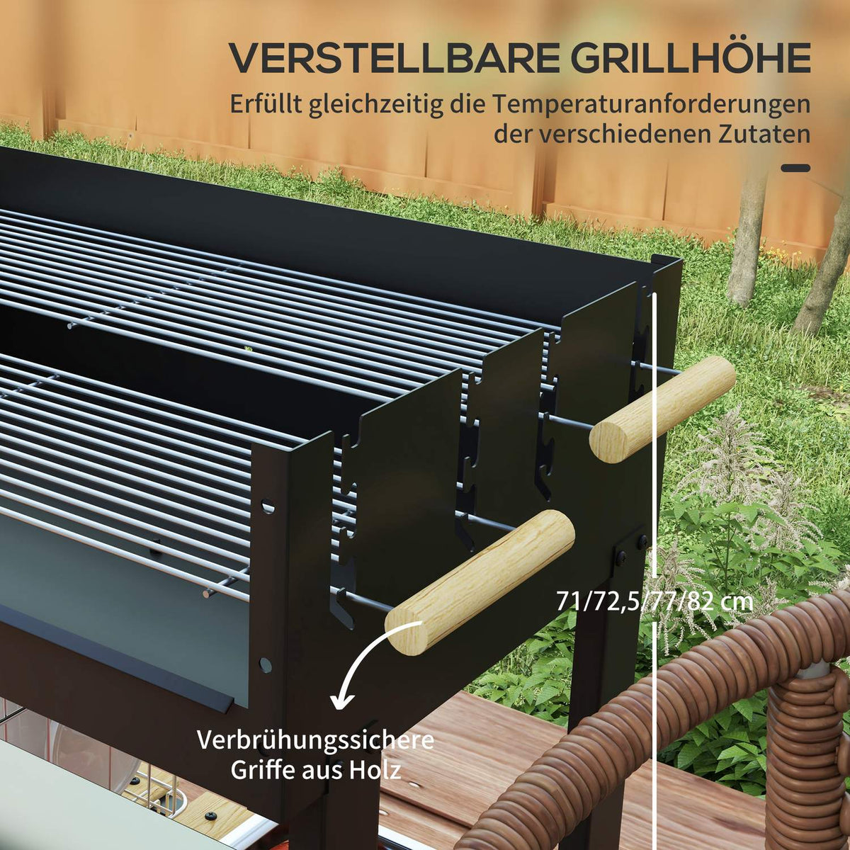 Charcoal grill, BBQ camping grill with two grill grates, shelf, handle, metal, black, 113x53.5x82.5cm