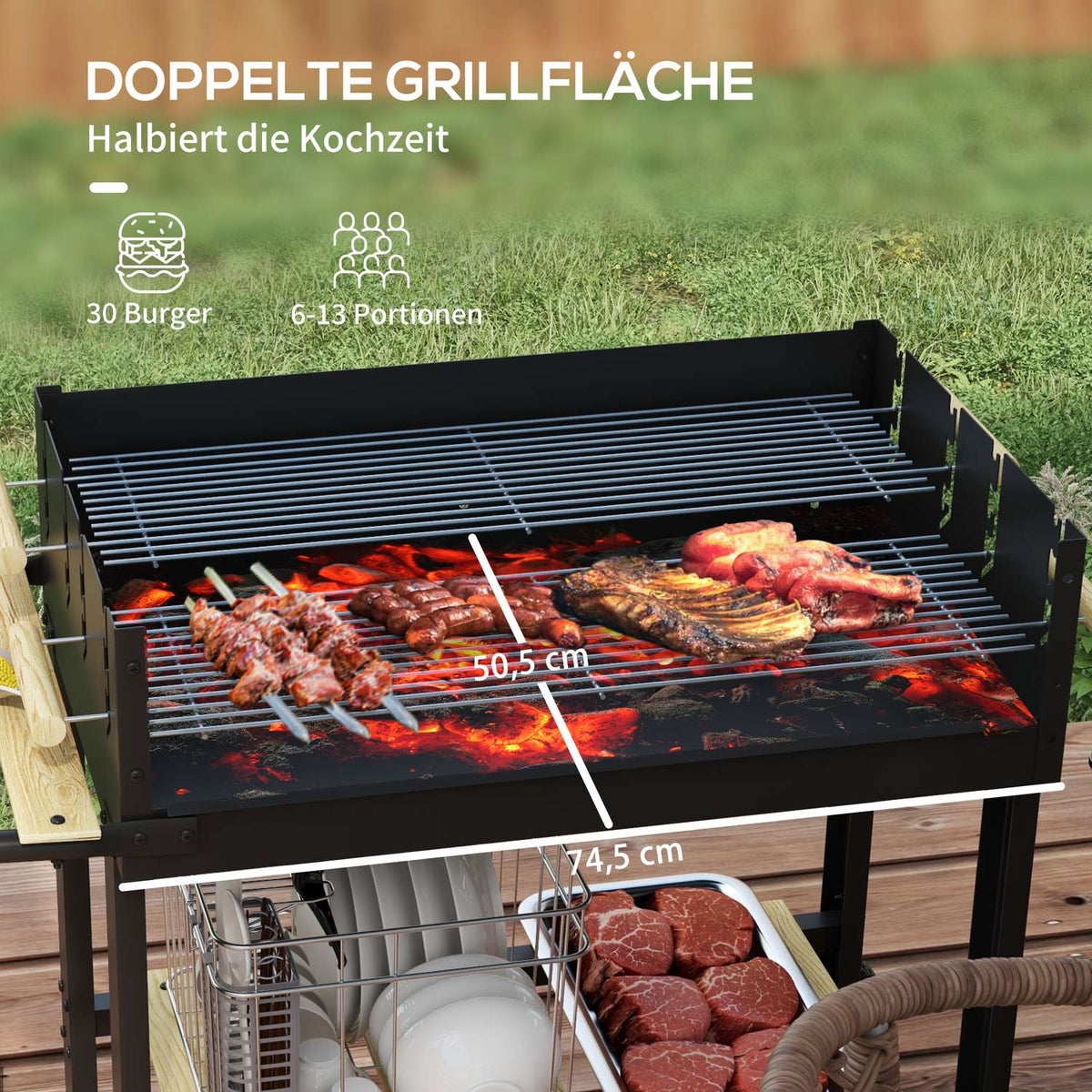 Charcoal grill, BBQ camping grill with two grill grates, shelf, handle, metal, black, 113x53.5x82.5cm