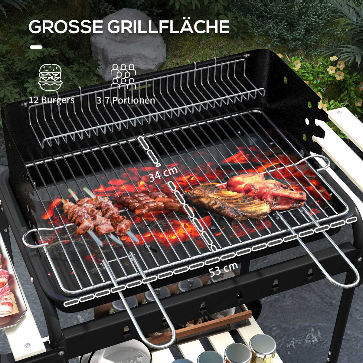 Charcoal grill made of metal BBQ smoker with wheels, height-adjustable grill grate, wooden shelf, mobile grill cart charcoal grill, charcoal grill for barbecue camping, terrace, 103x47x95 cm