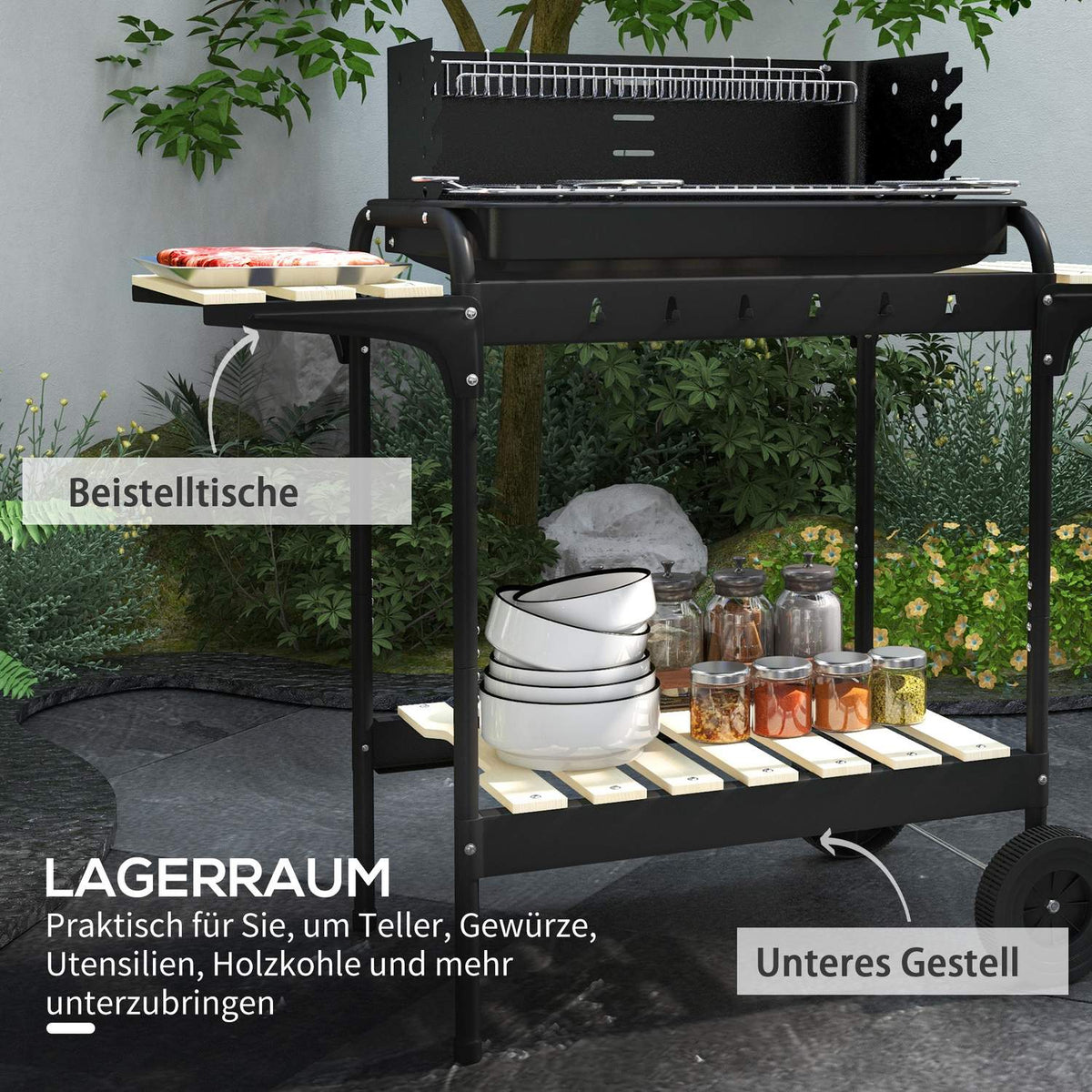 Charcoal grill made of metal BBQ smoker with wheels, height-adjustable grill grate, wooden shelf, mobile grill cart charcoal grill, charcoal grill for barbecue camping, terrace, 103x47x95 cm
