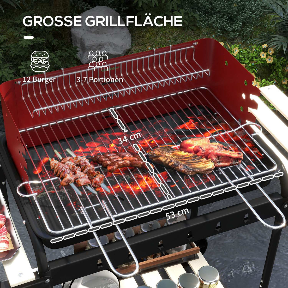 Charcoal grill made of metal BBQ smoker with wheels, height-adjustable grill grate, wooden shelf, mobile grill cart charcoal grill, charcoal grill for barbecue camping, terrace, 103x47x95 cm