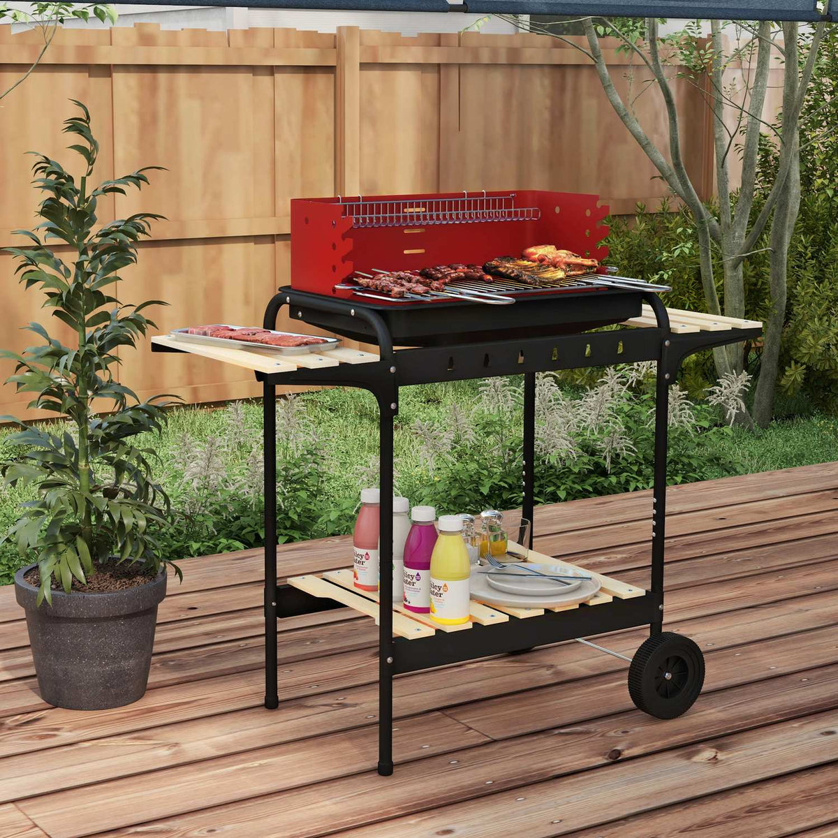 Charcoal grill made of metal BBQ smoker with wheels, height-adjustable grill grate, wooden shelf, mobile grill cart charcoal grill, charcoal grill for barbecue camping, terrace, 103x47x95 cm