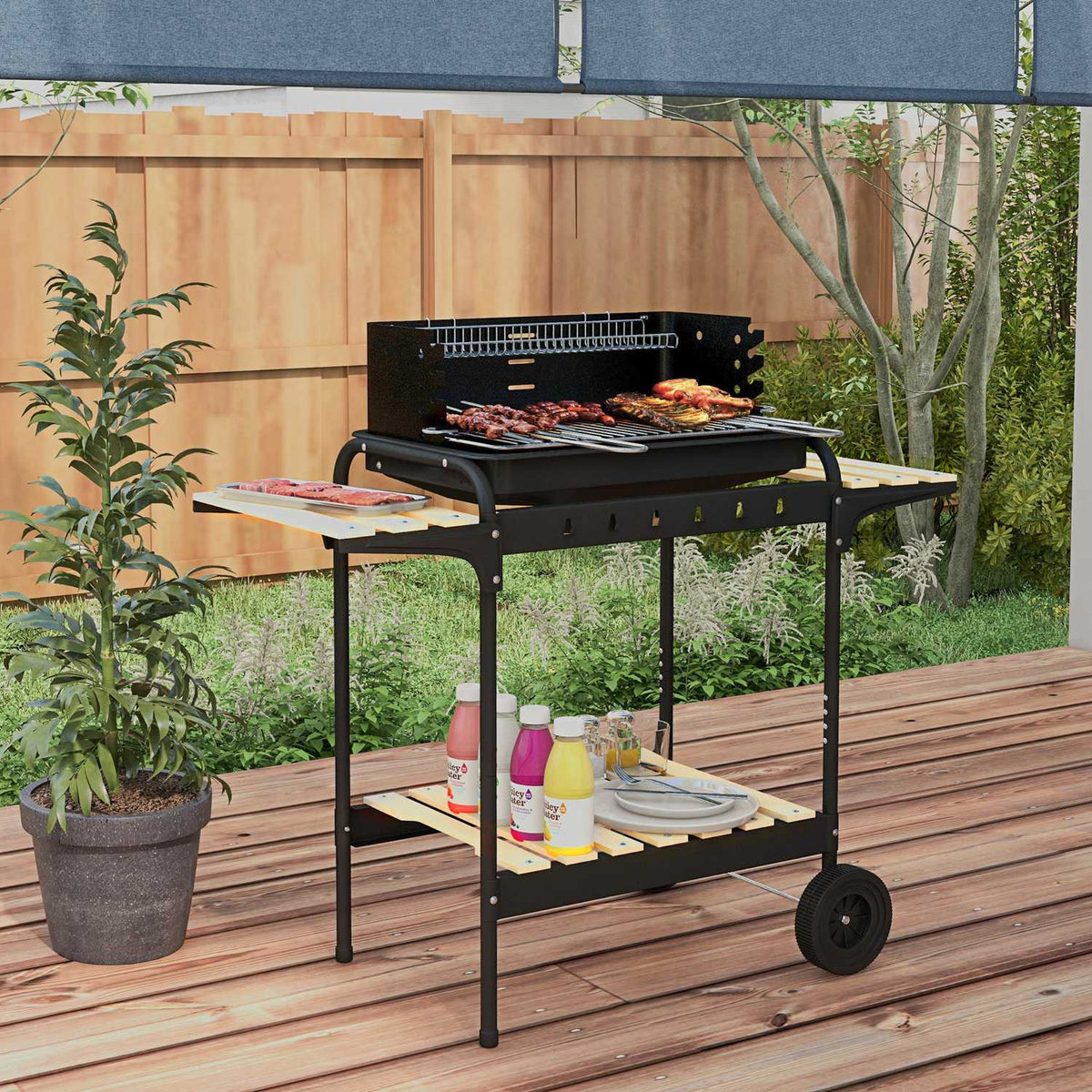 Charcoal grill made of metal BBQ smoker with wheels, height-adjustable grill grate, wooden shelf, mobile grill cart charcoal grill, charcoal grill for barbecue camping, terrace, 103x47x95 cm
