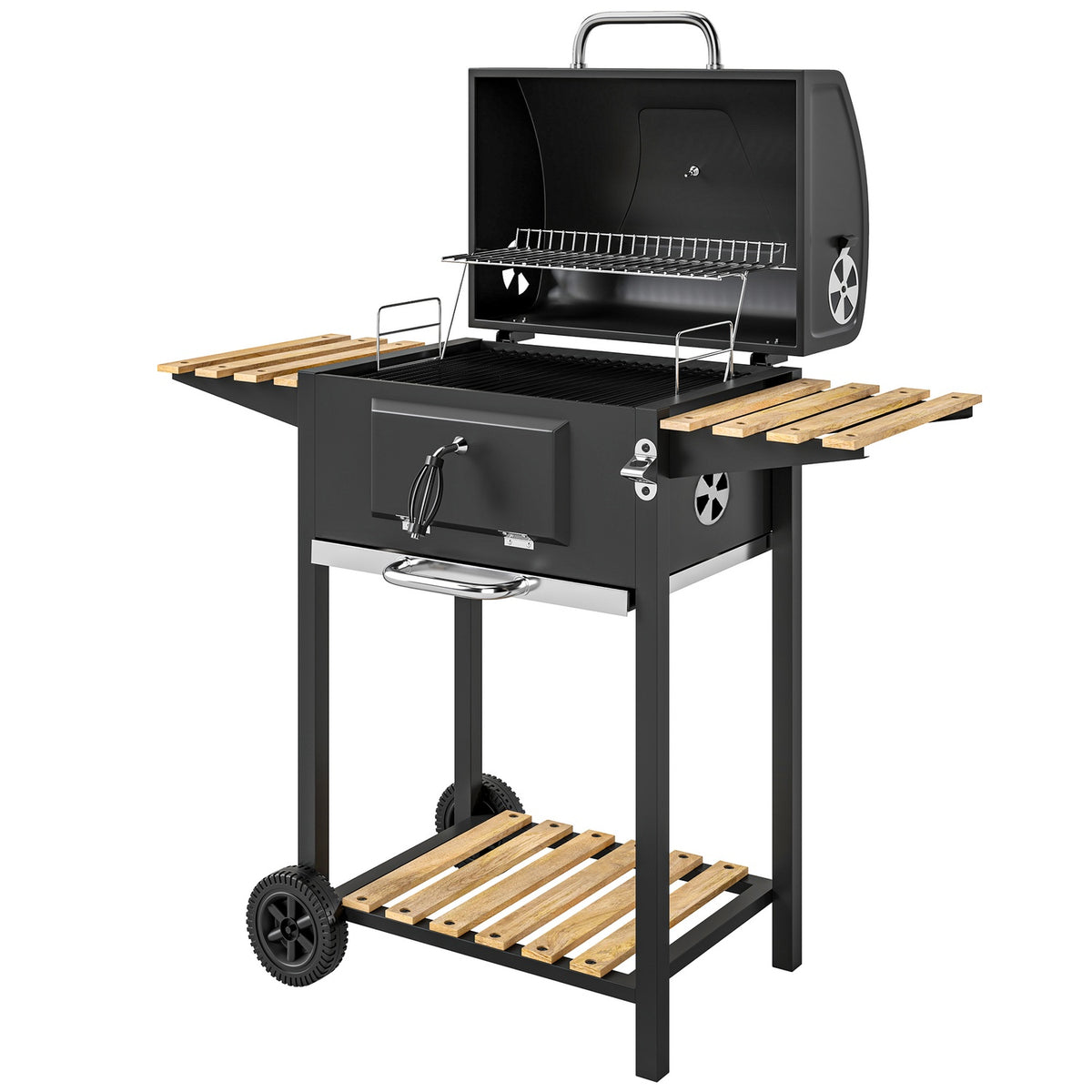 Charcoal grill made of stainless steel, mobile grill cart with lid, thermometer, grill grate, wheels, adjustable handle, coal tray, charcoal grill cart with wood shelf, BBQ smoker for camping, garden 112x58x107cm |
