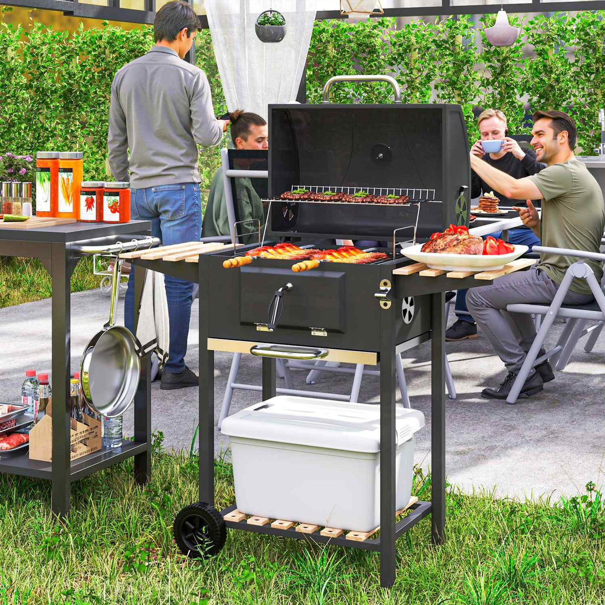 Charcoal grill made of stainless steel, mobile grill cart with lid, thermometer, grill grate, wheels, adjustable handle, coal tray, charcoal grill cart with wood shelf, BBQ smoker for camping, garden 112x58x107cm |