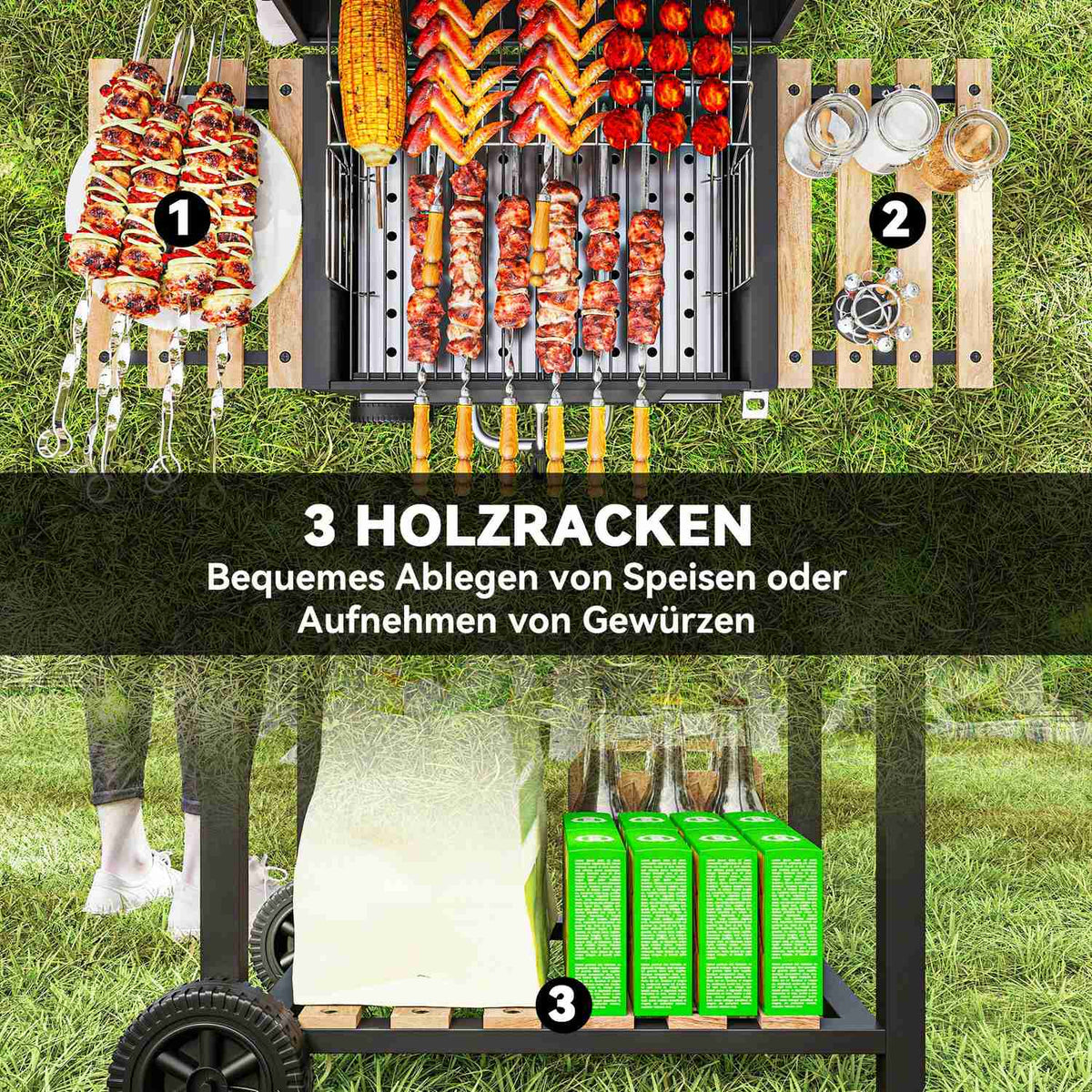 Charcoal grill made of stainless steel, mobile grill cart with lid, thermometer, grill grate, wheels, adjustable handle, coal tray, charcoal grill cart with wood shelf, BBQ smoker for camping, garden 112x58x107cm |