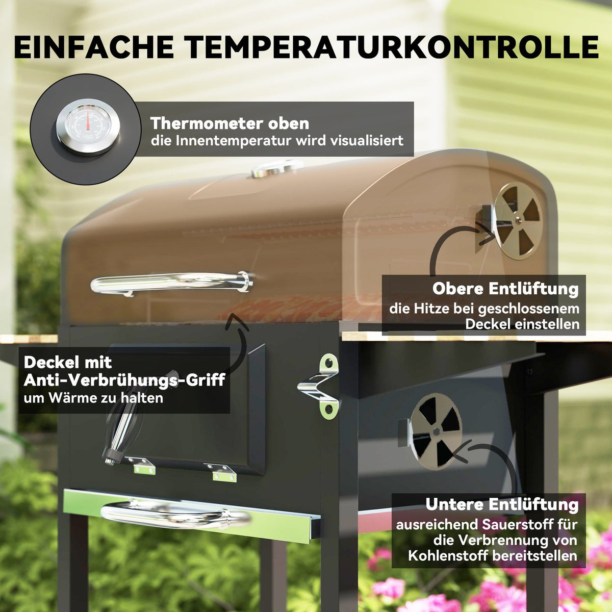 Charcoal grill made of stainless steel, mobile grill cart with lid, thermometer, grill grate, wheels, adjustable handle, coal tray, charcoal grill cart with wood shelf, BBQ smoker for camping, garden 112x58x107cm |