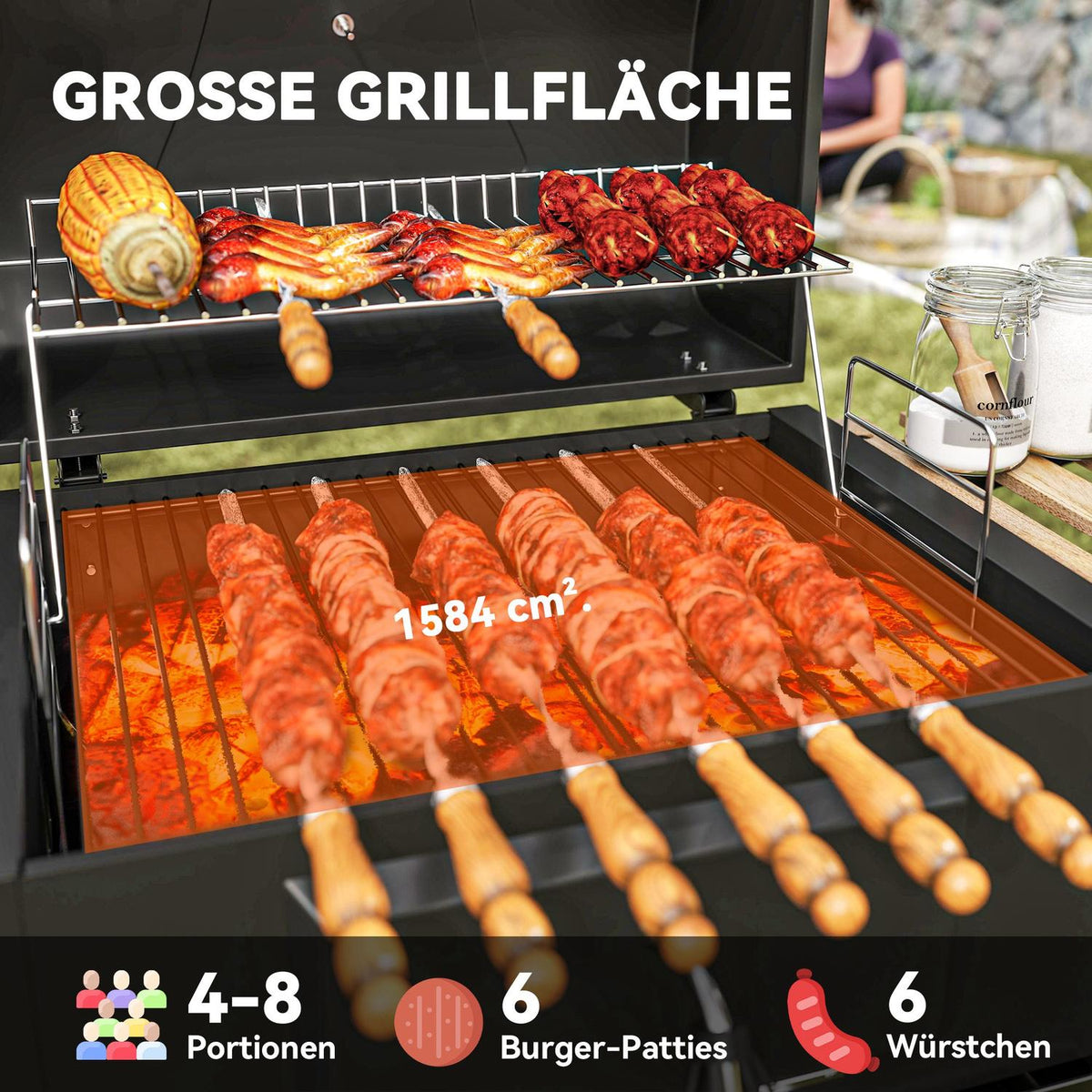 Charcoal grill made of stainless steel, mobile grill cart with lid, thermometer, grill grate, wheels, adjustable handle, coal tray, charcoal grill cart with wood shelf, BBQ smoker for camping, garden 112x58x107cm |