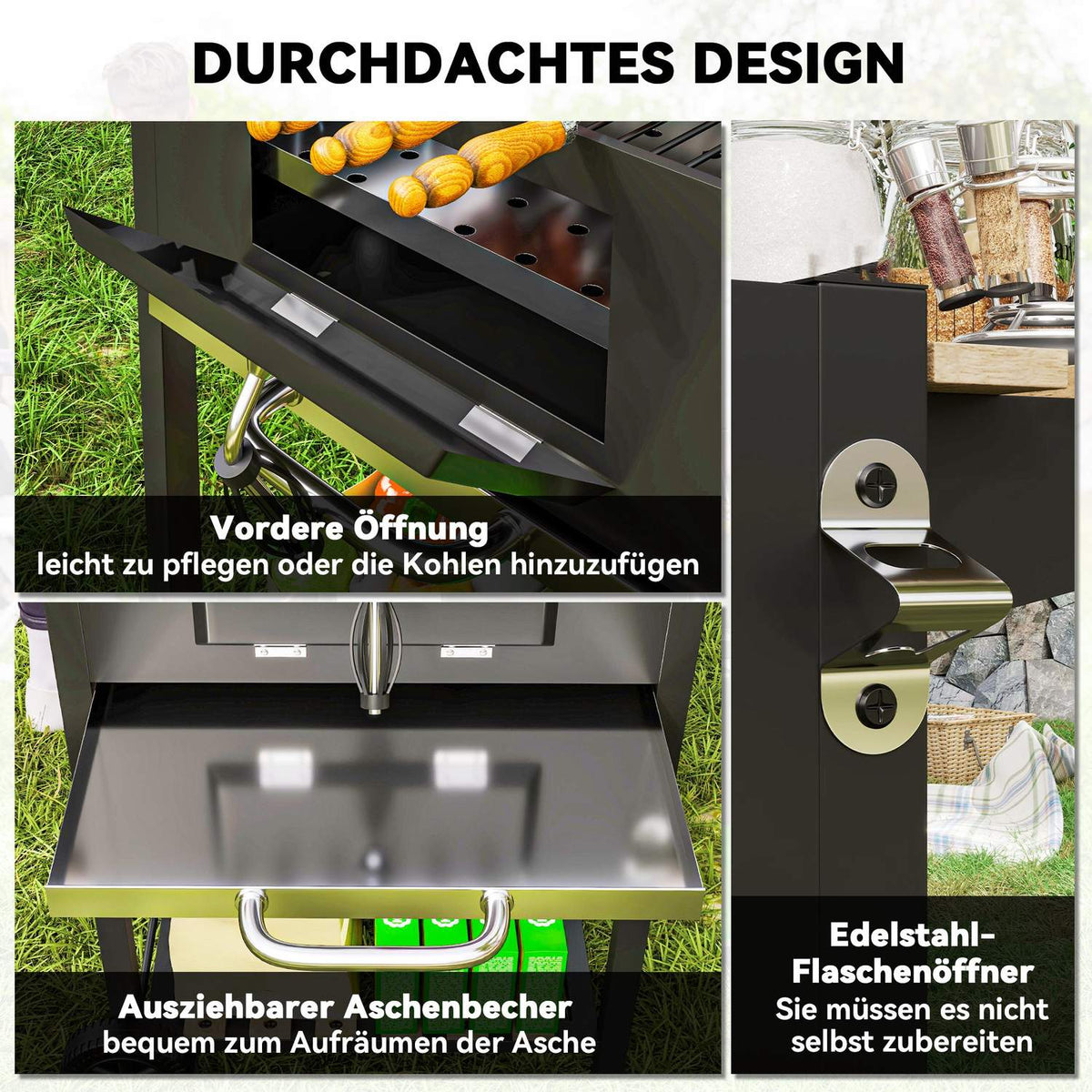 Charcoal grill made of stainless steel, mobile grill cart with lid, thermometer, grill grate, wheels, adjustable handle, coal tray, charcoal grill cart with wood shelf, BBQ smoker for camping, garden 112x58x107cm |