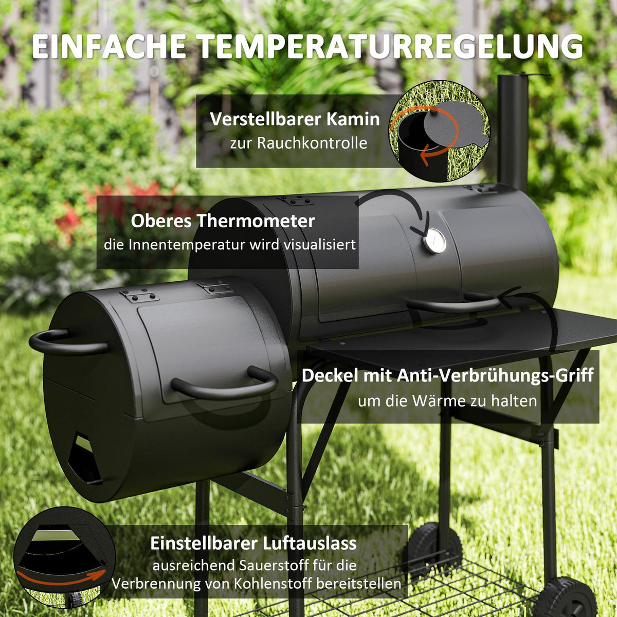 Charcoal grill made of steel BBQ smoker with lid thermometer wheels shelf mobile grill trolley with air supply charcoal tray, charcoal grill charcoal grill trolley for barbecue camping, garden 109x60x120 cm
