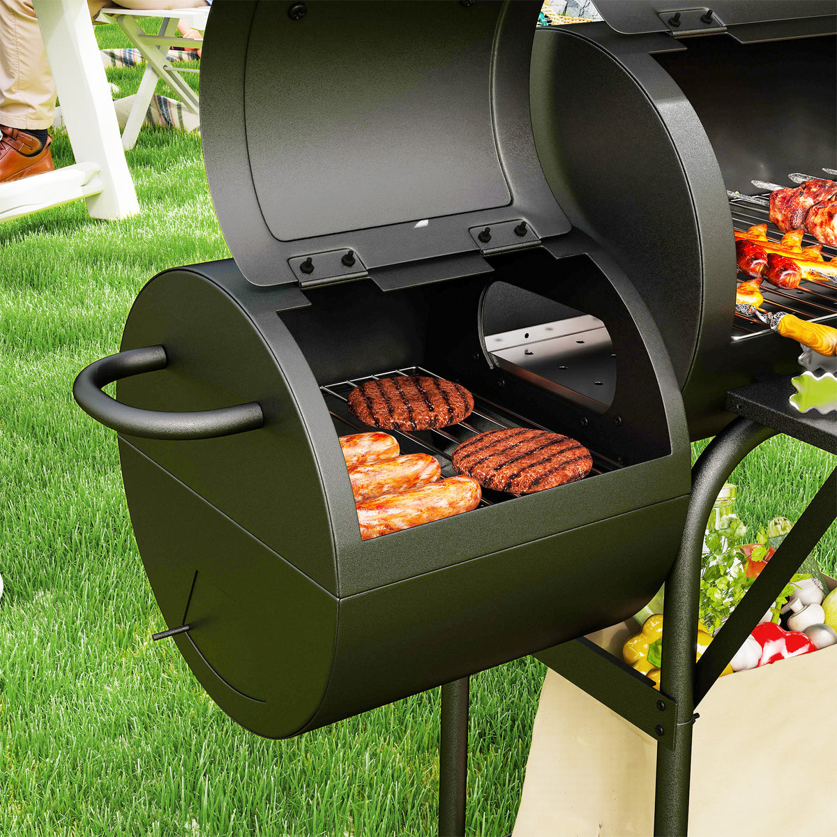 Charcoal grill made of steel BBQ smoker with lid thermometer wheels shelf mobile grill trolley with air supply charcoal tray, charcoal grill charcoal grill trolley for barbecue camping, garden 109x60x120 cm