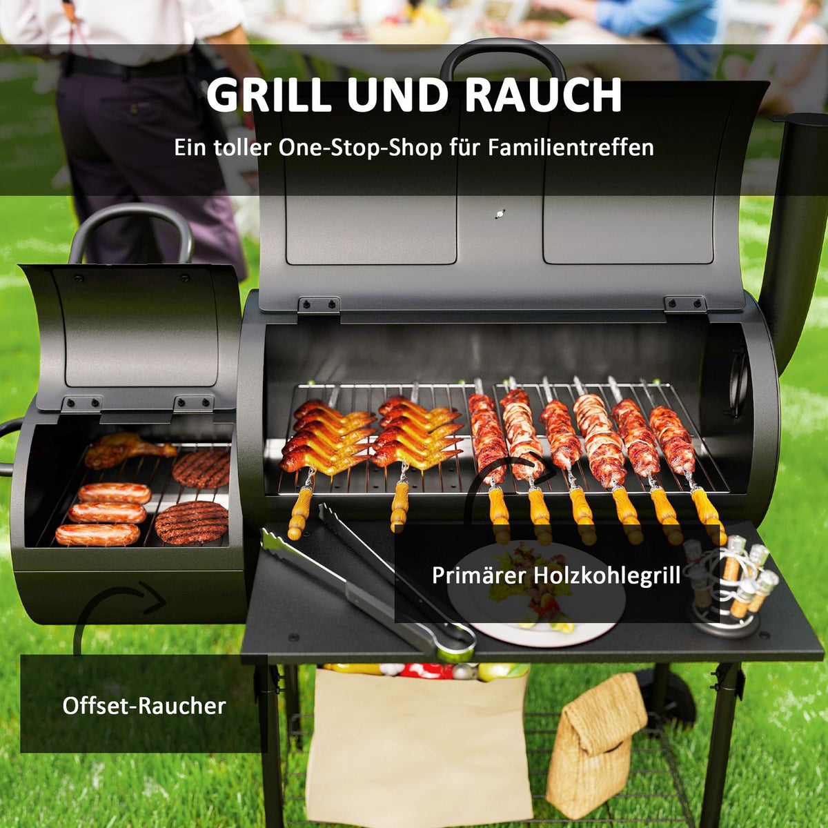 Charcoal grill made of steel BBQ smoker with lid thermometer wheels shelf mobile grill trolley with air supply charcoal tray, charcoal grill charcoal grill trolley for barbecue camping, garden 109x60x120 cm