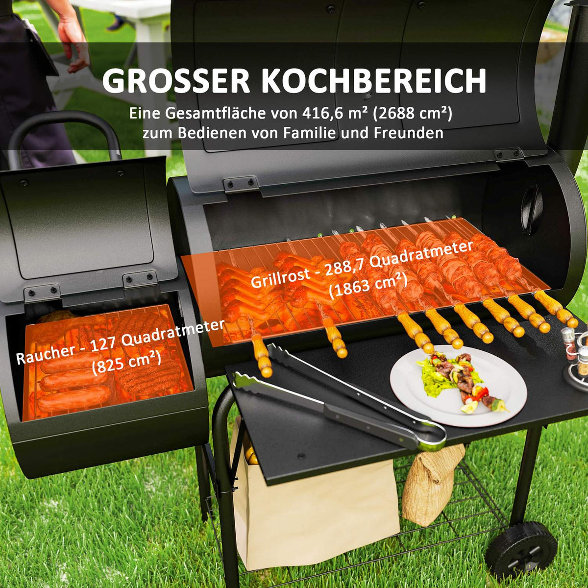 Charcoal grill made of steel BBQ smoker with lid thermometer wheels shelf mobile grill trolley with air supply charcoal tray, charcoal grill charcoal grill trolley for barbecue camping, garden 109x60x120 cm