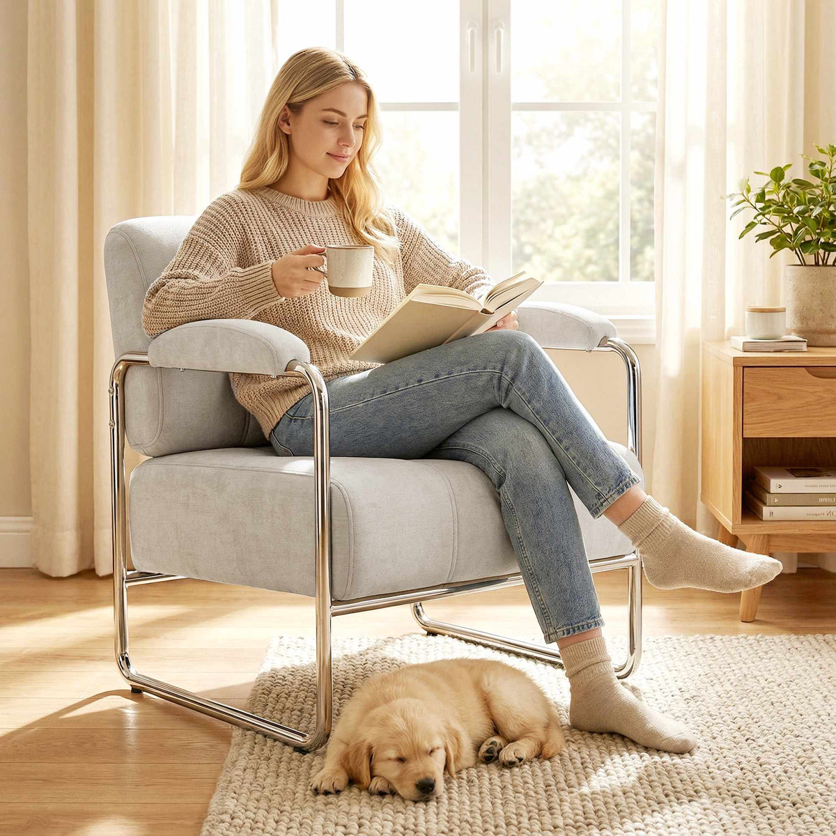 Chenille Accent Chair, Wide Seat, Thick Cushion, Beige