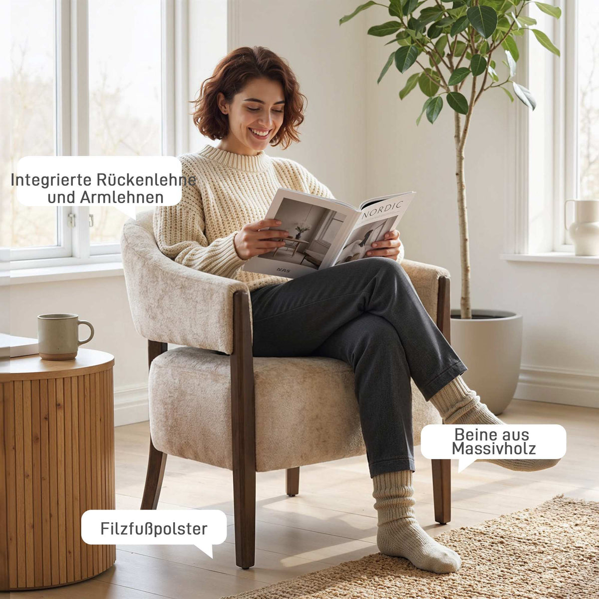 Chenille Armchair with Solid Wood Frame, Beige