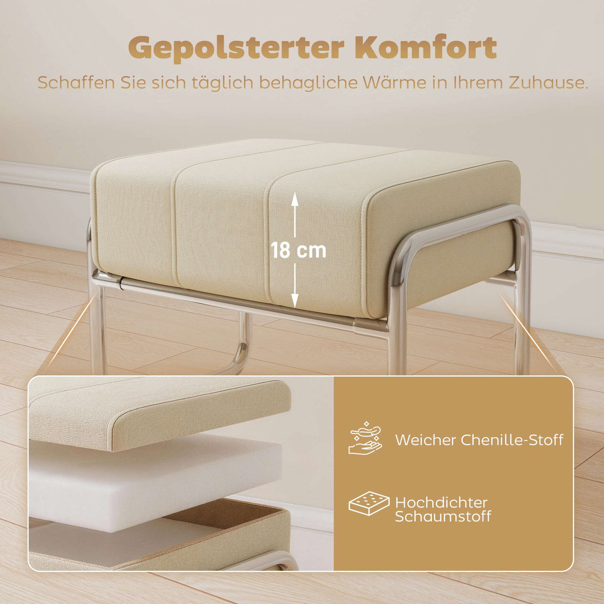 Chenille Footstool, Thick Cushion, Steel Legs, Beige