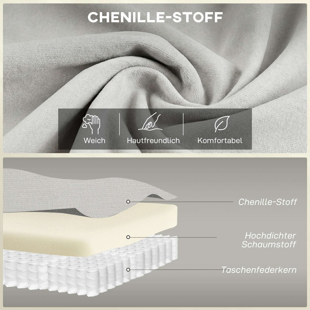Chenille Loveseat Sofa, Cream, 24cm Cushion, High Back