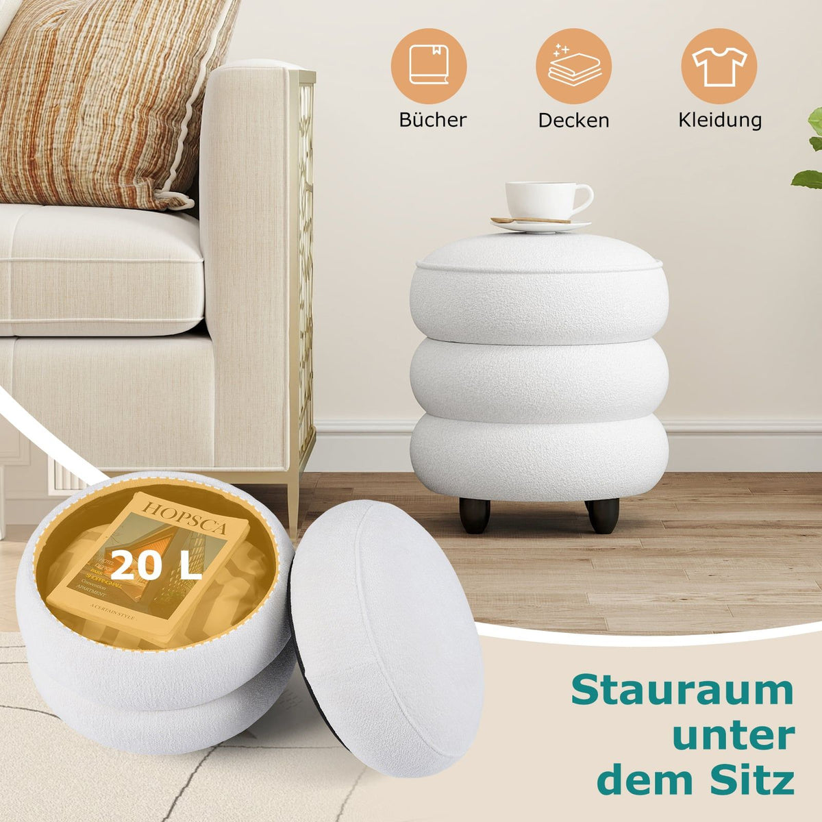 Chenille Storage Ottoman, 40.5 x 44.5 cm, White, Removable Lid