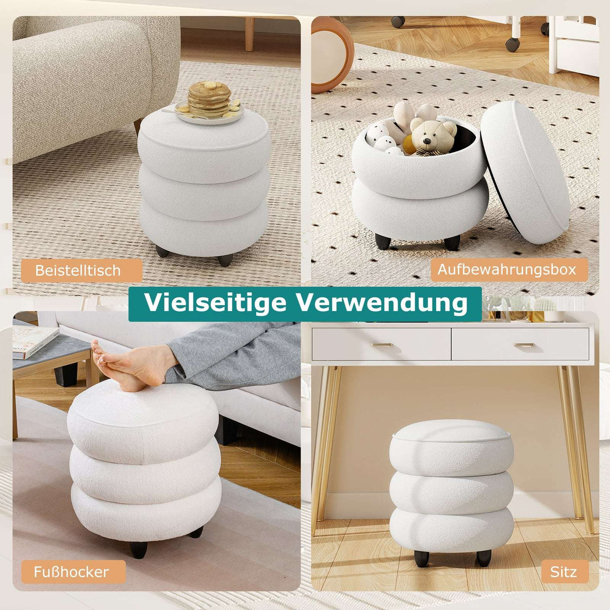Chenille Storage Ottoman, 40.5 x 44.5 cm, White, Removable Lid