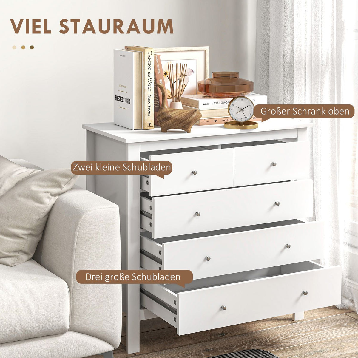 Chest Of Drawers Side Cabinet 5 Drawers Sideboard Anti-Tilt Drawer Chest Bedroom Living Room White 79 X 39.5 X 80.5 Cm