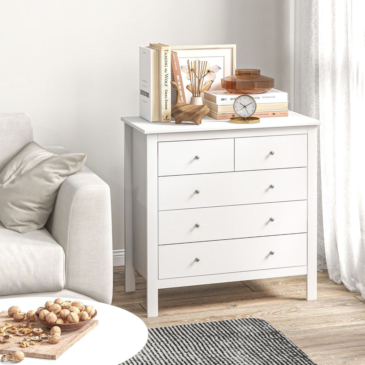 Chest Of Drawers Side Cabinet 5 Drawers Sideboard Anti-Tilt Drawer Chest Bedroom Living Room White 79 X 39.5 X 80.5 Cm