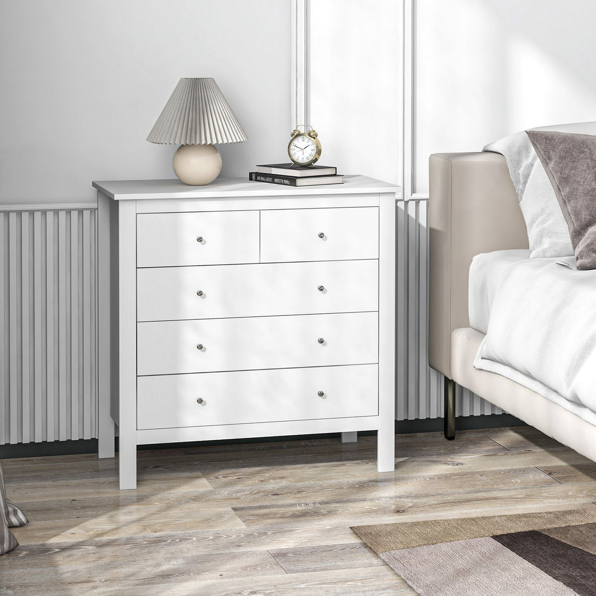 Chest Of Drawers Side Cabinet 5 Drawers Sideboard Anti-Tilt Drawer Chest Bedroom Living Room White 79 X 39.5 X 80.5 Cm