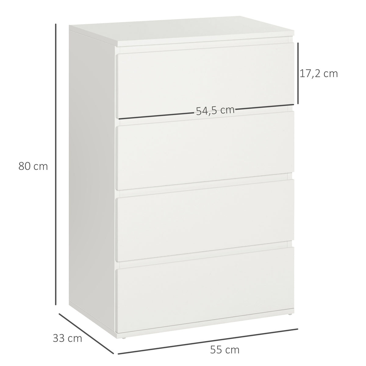 Chest Of Drawers, Sideboard With 4 Drawers, Office Cabinet With Anti-Tip Pull Tabs, White, 55 X 33 X 80 Cm