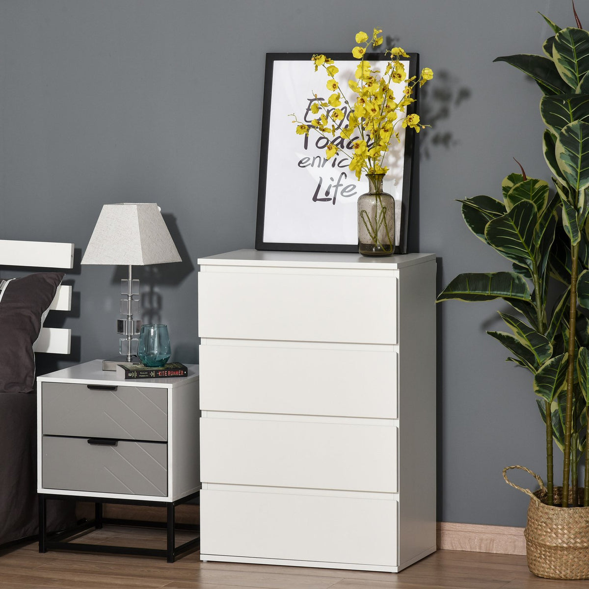 Chest Of Drawers, Sideboard With 4 Drawers, Office Cabinet With Anti-Tip Pull Tabs, White, 55 X 33 X 80 Cm