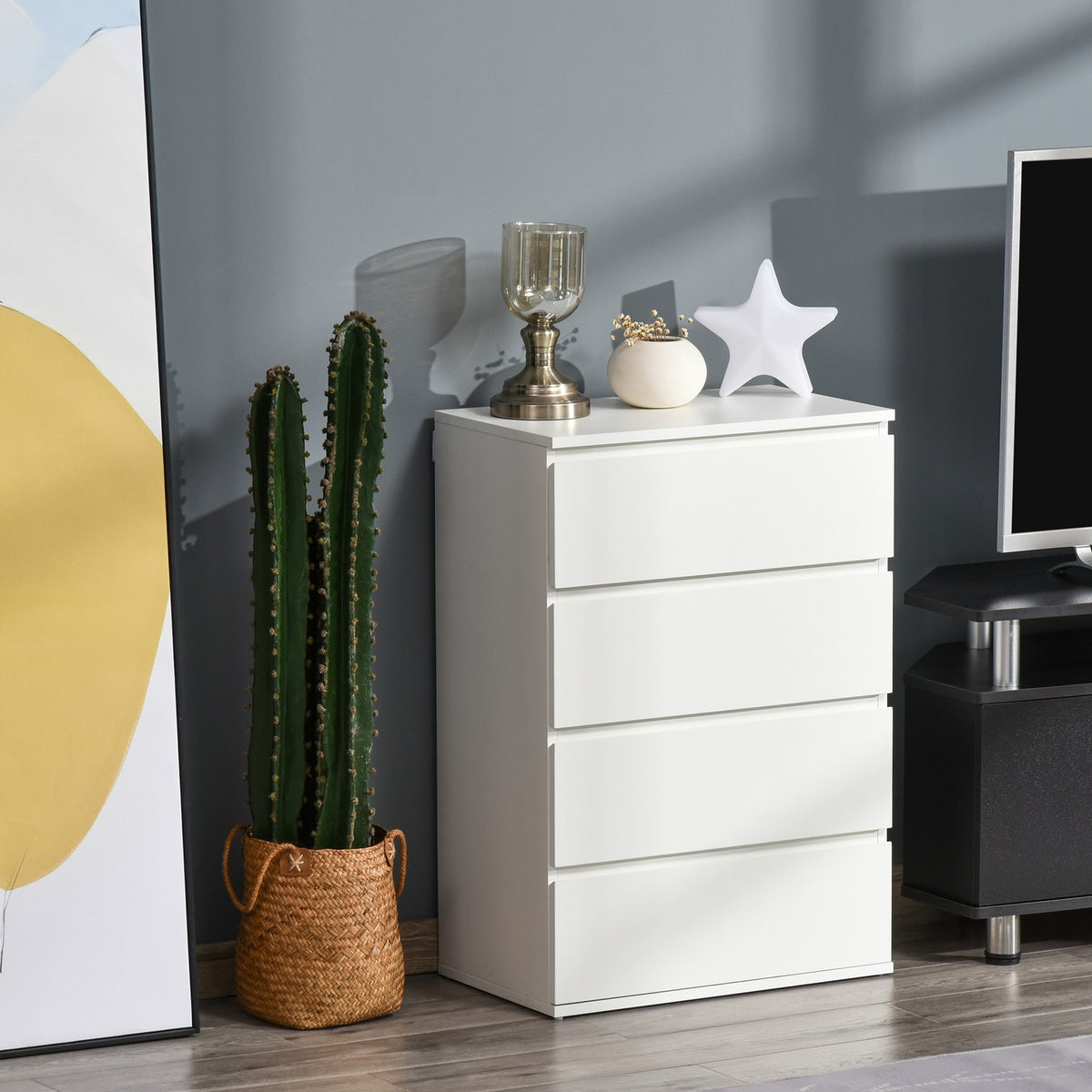 Chest Of Drawers, Sideboard With 4 Drawers, Office Cabinet With Anti-Tip Pull Tabs, White, 55 X 33 X 80 Cm