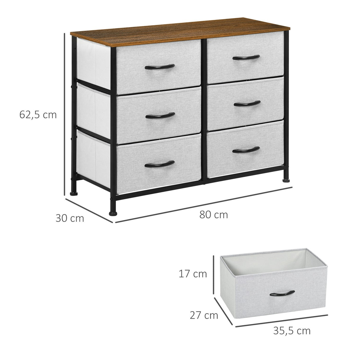 Chest Of Drawers Sideboard With 6 Folding Fabric Drawers, Drawer Cabinet With Worktop, Multi-Purpose Cabinet, Grey