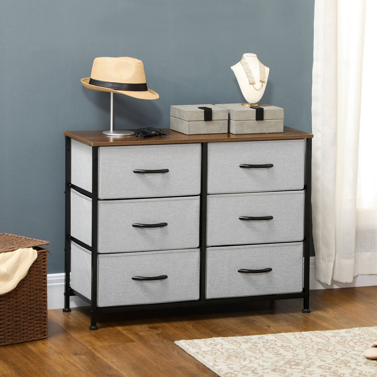 Chest Of Drawers Sideboard With 6 Folding Fabric Drawers, Drawer Cabinet With Worktop, Multi-Purpose Cabinet, Grey