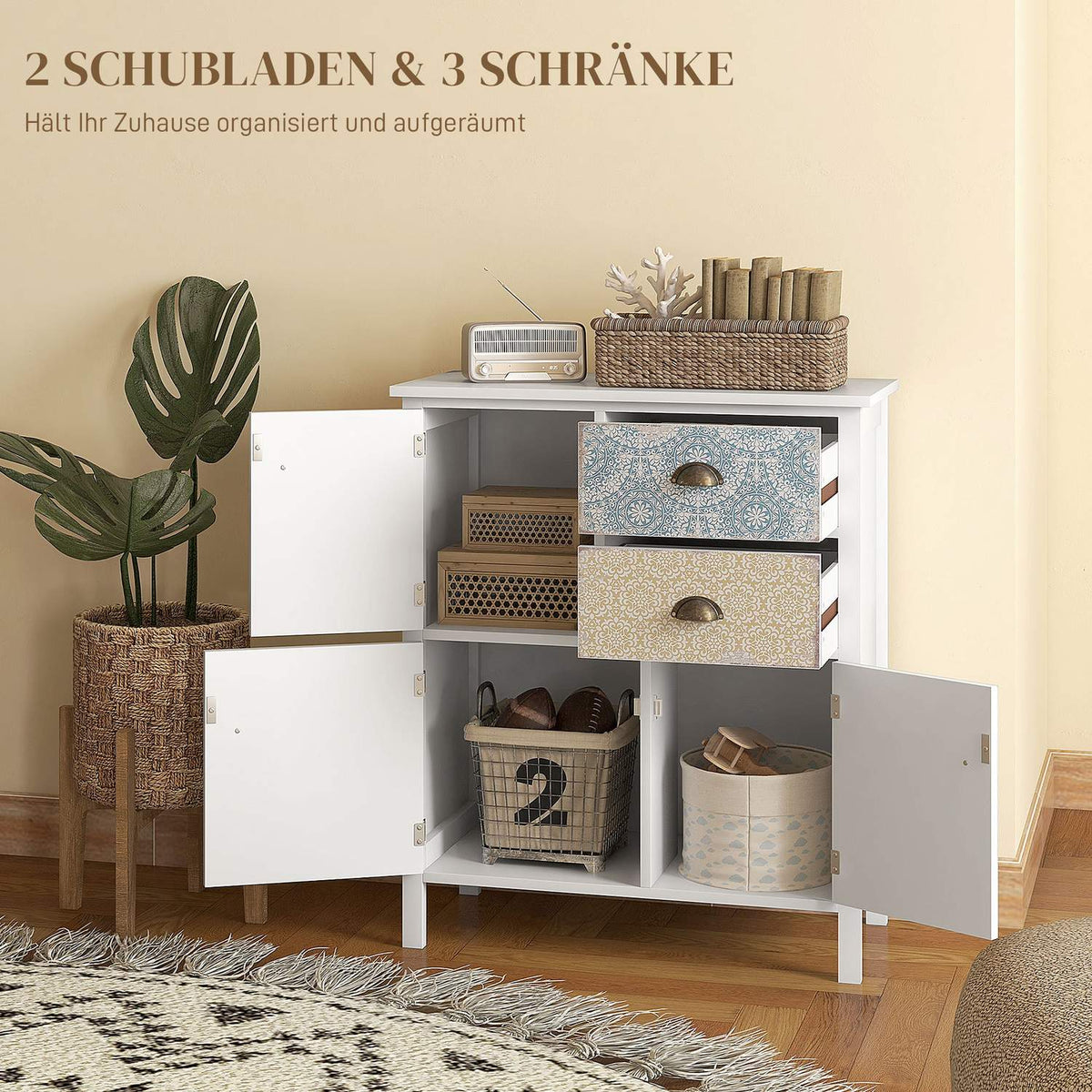 Chest Of Drawers Storage Cabinet 2 Drawers 3 Compartments Tilt Protection Living Room Bedroom White 68X34X80Cm