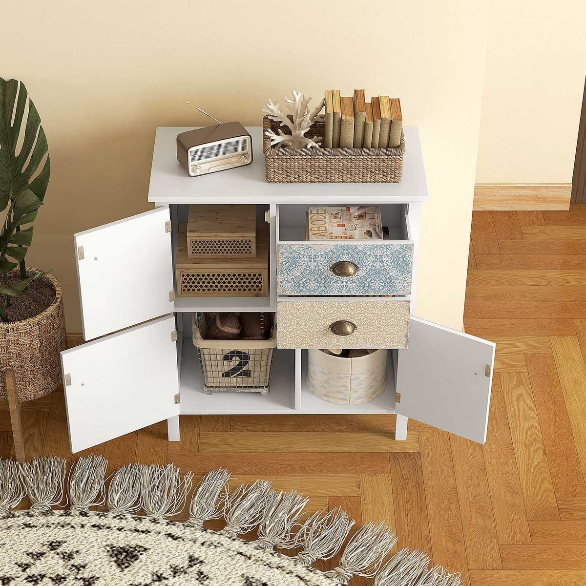 Chest Of Drawers Storage Cabinet 2 Drawers 3 Compartments Tilt Protection Living Room Bedroom White 68X34X80Cm
