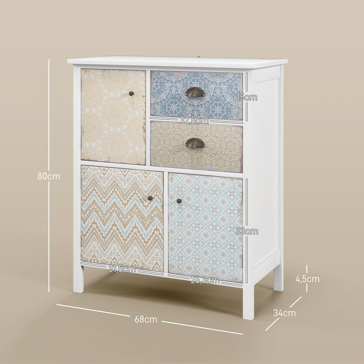 Chest Of Drawers Storage Cabinet 2 Drawers 3 Compartments Tilt Protection Living Room Bedroom White 68X34X80Cm