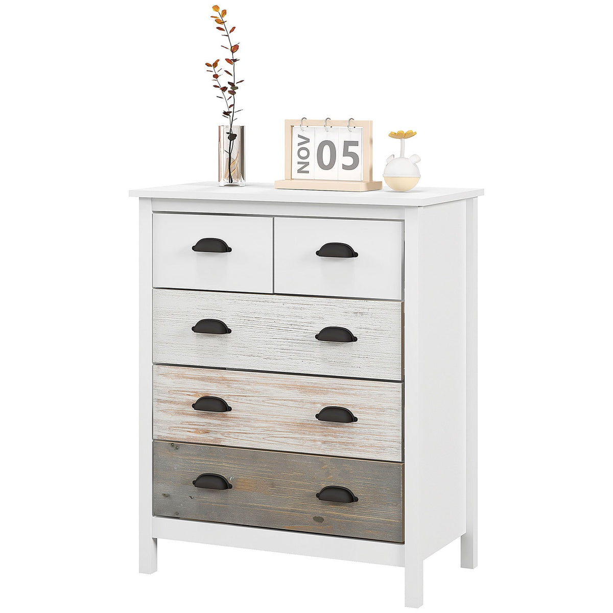 Chest Of Drawers Storage Cabinet With 5 Drawers, Drawer Cabinet With Handle, Anti-Tip, For Bedroom, Living Room, White, 70 X 38 X 85 Cm