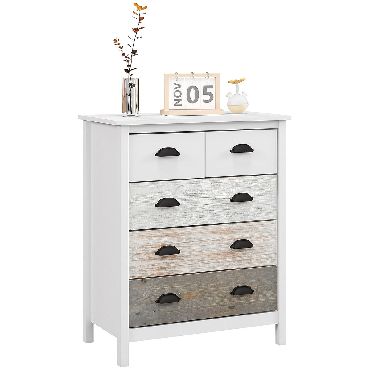 Chest Of Drawers Storage Cabinet With 5 Drawers, Drawer Cabinet With Handle, Anti-Tip, For Bedroom, Living Room, White, 70 X 38 X 85 Cm