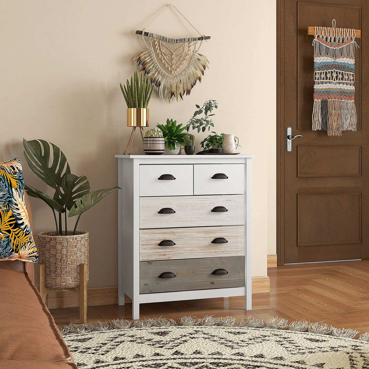 Chest Of Drawers Storage Cabinet With 5 Drawers, Drawer Cabinet With Handle, Anti-Tip, For Bedroom, Living Room, White, 70 X 38 X 85 Cm