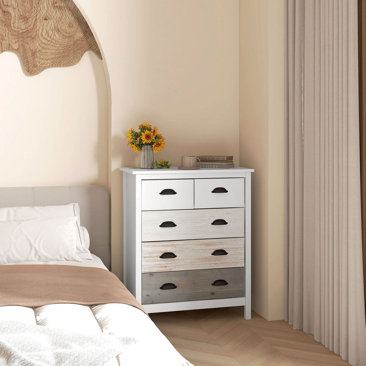 Chest Of Drawers Storage Cabinet With 5 Drawers, Drawer Cabinet With Handle, Anti-Tip, For Bedroom, Living Room, White, 70 X 38 X 85 Cm