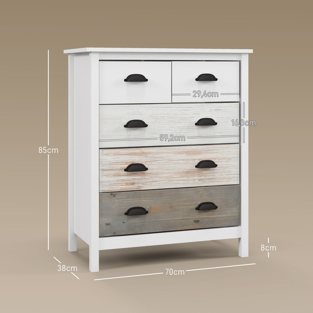 Chest Of Drawers Storage Cabinet With 5 Drawers, Drawer Cabinet With Handle, Anti-Tip, For Bedroom, Living Room, White, 70 X 38 X 85 Cm