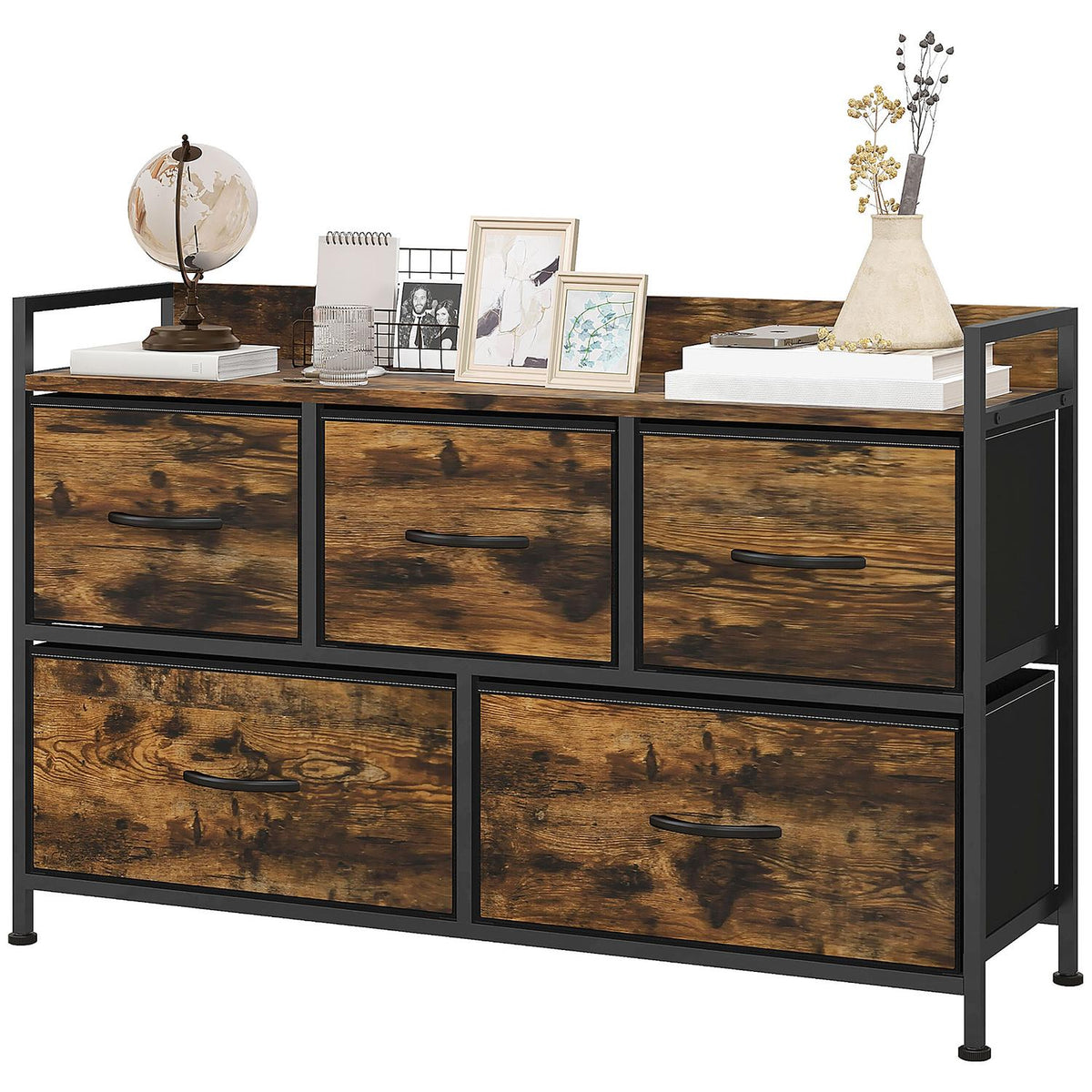 Chest of 5 Drawers Fabric Chest of Drawers Storage Cabinet with Steel Frame Industrial Design for Bedroom Living Room Rustic Brown