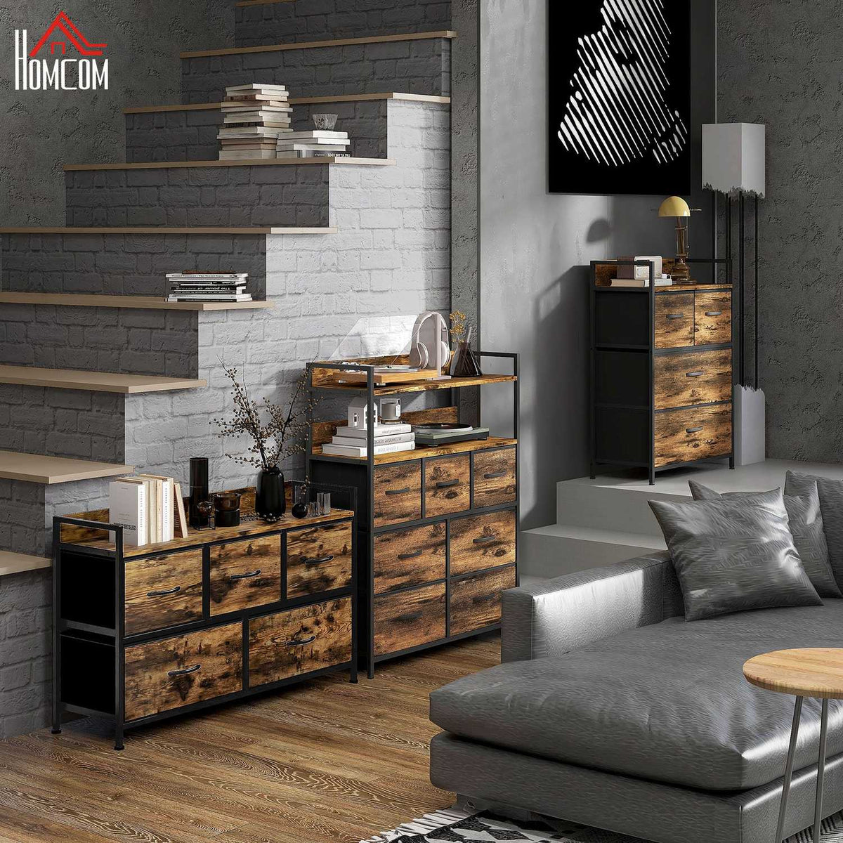 Chest of 5 Drawers Fabric Chest of Drawers Storage Cabinet with Steel Frame Industrial Design for Bedroom Living Room Rustic Brown