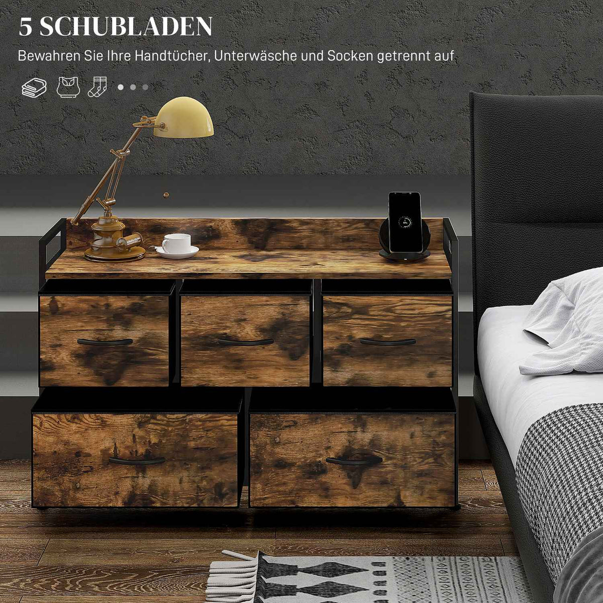 Chest of 5 Drawers Fabric Chest of Drawers Storage Cabinet with Steel Frame Industrial Design for Bedroom Living Room Rustic Brown
