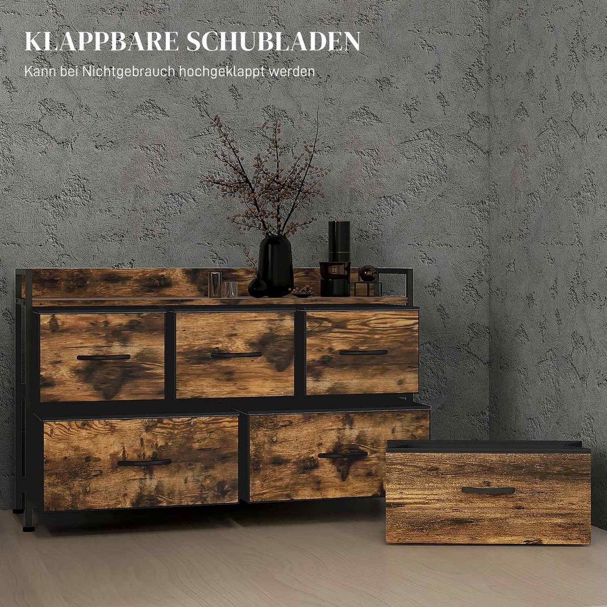 Chest of 5 Drawers Fabric Chest of Drawers Storage Cabinet with Steel Frame Industrial Design for Bedroom Living Room Rustic Brown