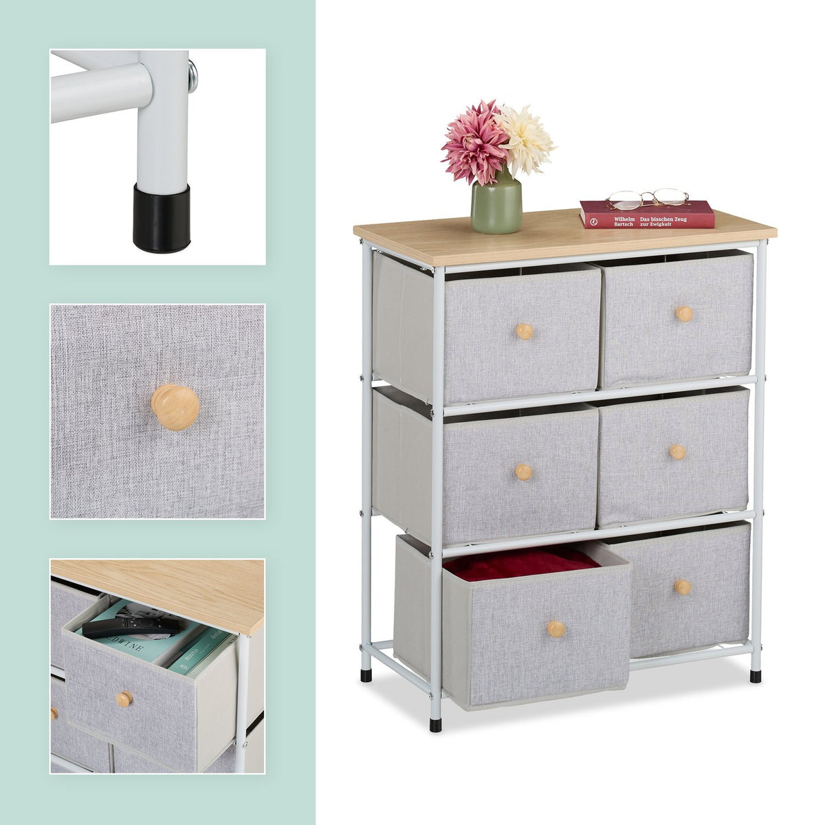 Chest of Drawers, 6 Compartments, Metal and Fabric