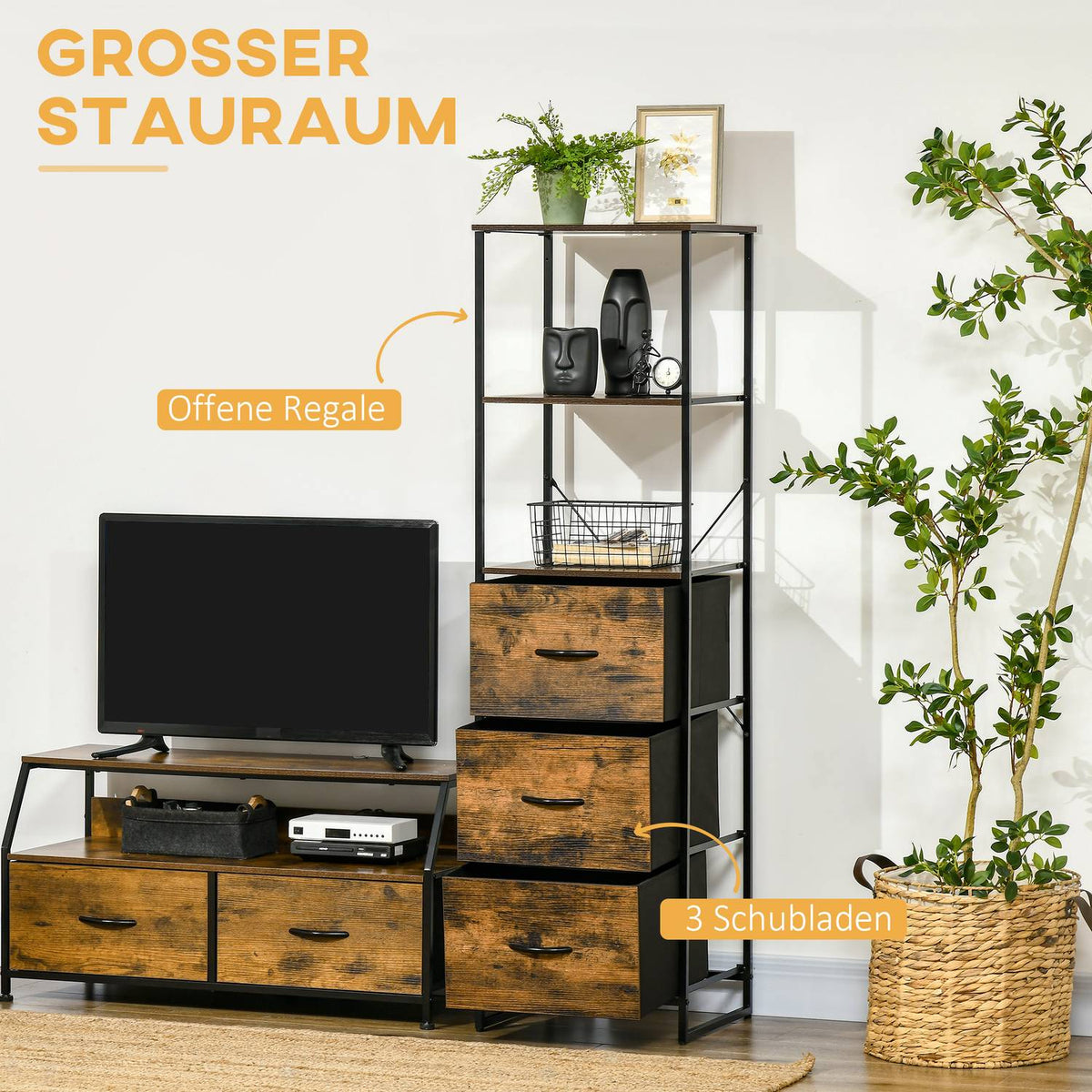 Chest of Drawers, Storage Cabinet with 3 Foldable Fabric Drawers, 2 Shelves, Industrial Style Side Cabinet for Living Room, Rustic Brown